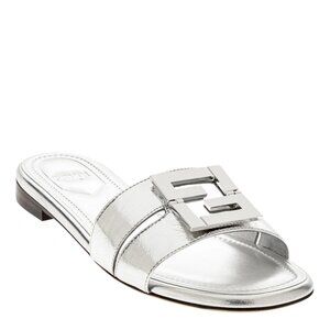 FENDI FFold Metallic Leather Flat Slide Mules Sandals Shoes Silver